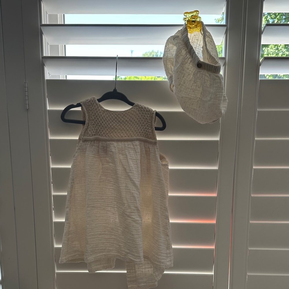 White and Tan Baby Dress with Matching Headband
